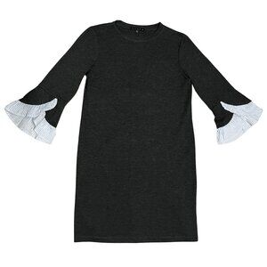 TIANA B. Gray Knit Dress Size S Ruffle Cuff Sleeves Quiet Luxury Minimalist Chic